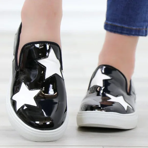 Black With White Stars Patent Sneakers Shoes - Picture 12 of 14